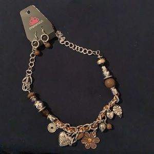 Never worn, brown and silver charm necklace/earrings set